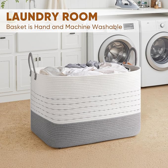 XXL Large Blanket Basket for Living Room, 108L Woven Storage Baskets for Organizing, Rectangle Cotton Rope Basket Toy Chest With Handles-Grey & White