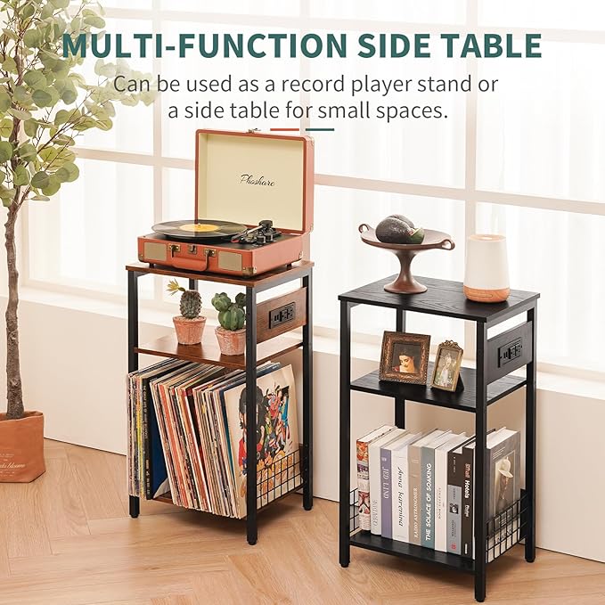 Yoobure Record Player Stand, 3-Tier White Side Table with Charging Station, Small End Table Record Holder with Vinyl Storage, Beside Tables Turntable Stand for Album CD, Night Stand for Living Room