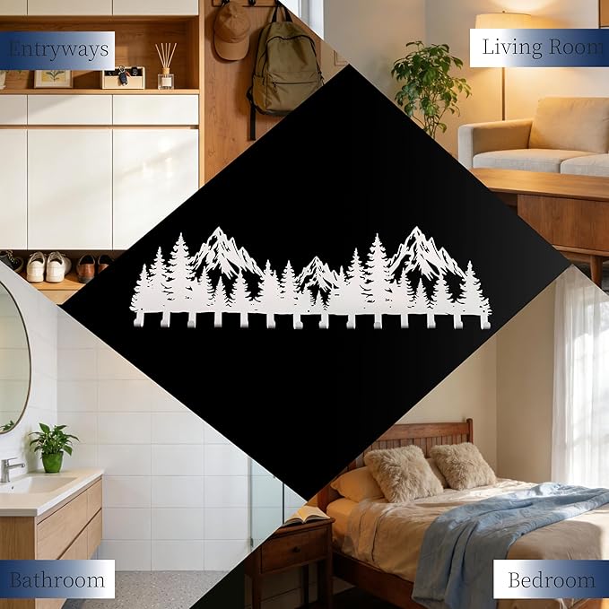 Large White Mountain Wall Mount with 14 Hooks, Decorative Forest Art Wall Hangerfor Cabin Entryway Front Door Bathroom Kitchen Office Home, Wall Mount Holder for Key Jacket Hat Bag Towel