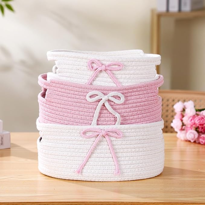 Breling 3 Pieces Pink Bow Baskets Coquette Bow Cotton Rope Storage Basket Pink Woven Gift Baskets Laundry Hamper Rope Bin with Handles for Decoration Organization Storage for Nursery, Pet Toy Basket