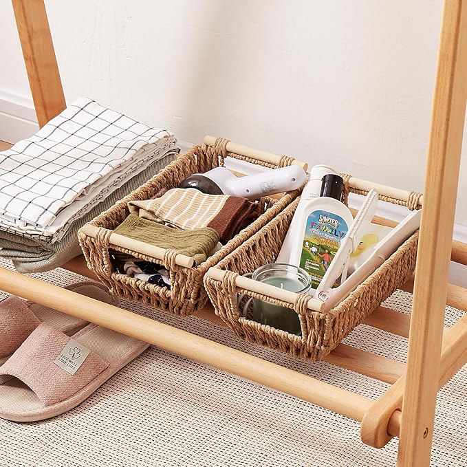 OIAHOMY Small Storage Baskets, Paper Rope Wicker Organizers with Wooden Handles, Baskets for Organizing, 2-Pack, Yellow