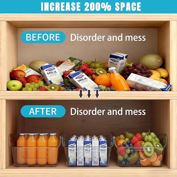 2 Pack Pantry Organizers,Clear Plastic Containers with 2 Dividers for Kitchen,Fridge,Drawer Organization and Storage,Acrylic organizer Bins for Tea Bag,Spice Packet,Snack