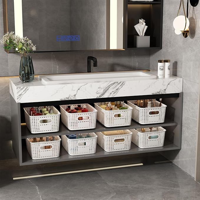 Plastic Storage Basket for Organizing 12 Pack Small Storage Bins Container for Shelves, White Shelf Baskets with Handles for Organization