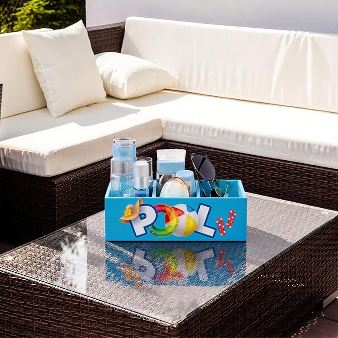 Pool Storage Basket Summer Swimming Pool Wooden Box with 3 Compartments Colorful Toilet Tank Tray for Indoor Outdoor Summer Beach Decor Sunblock Sunglasses Flip Flop Storage Box