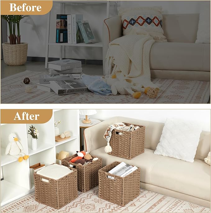 DULLEMELO Wicker Storage Baskets 11x11 Storage Cube Bins Foldable Plastic Cubby Baskets for Shelves Set of 2 Waterproof Woven Storage Bins for Organizing Pantry,Closet,Toys - Brown