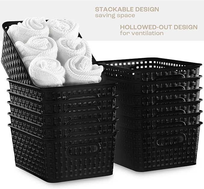 Black Storage Baskets, 12-Pack Stackable Plastic Woven Basket Organizer and Storage, Pantry baskets for Shelves, Cabinets, Classroom, Kitchens, Bathrooms, Countertops and Bedrooms
