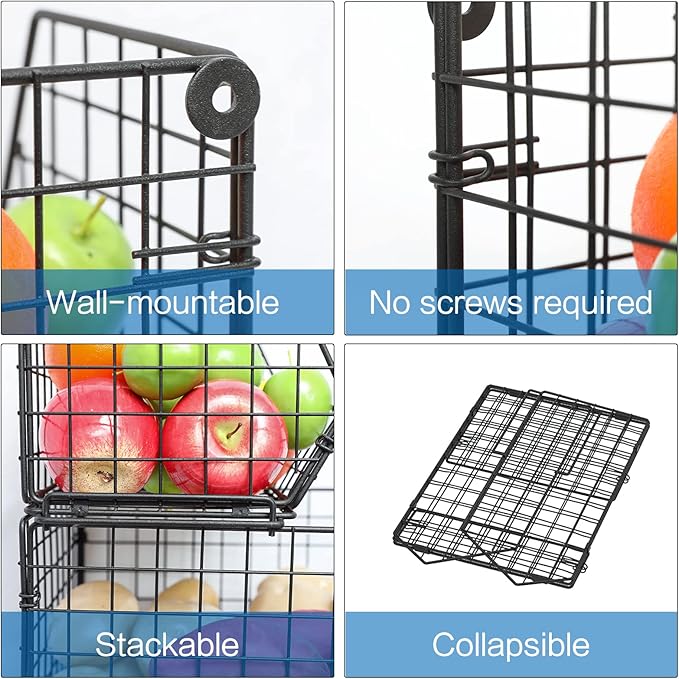 X-cosrack 3-Tier Stackable Wire Baskets for Counter, Fruit and Vegetable Storage, Potato and Onion Storage Bin,Kitchen Pantry Organizer - Wall Basket for Produce/Snack/Can, Black
