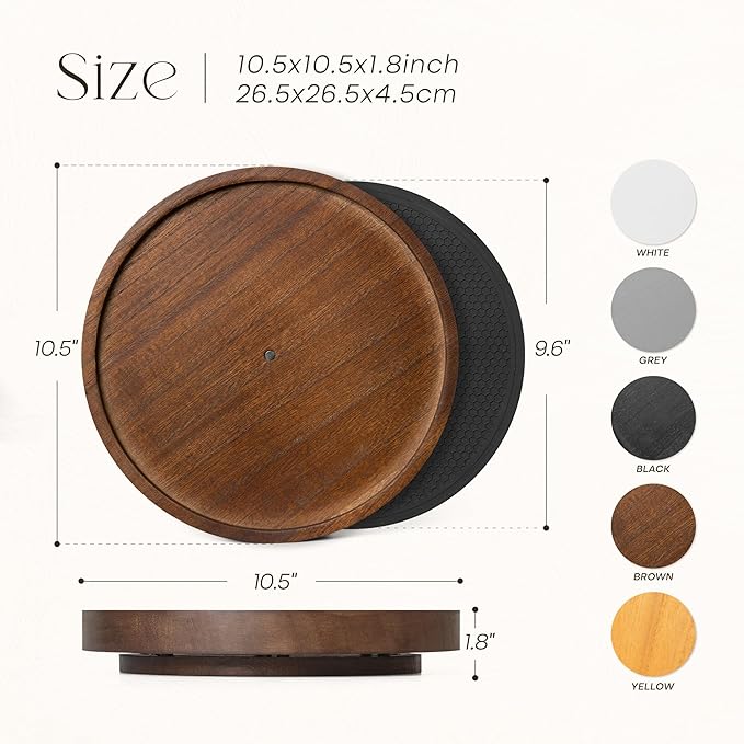 EOSAHR Non-Skid Wooden Lazy Susan for Table Top â Farmhouse 10.5" Bathroom Tray, Spice Rack and Vanity Tray - Stylish Bathroom Counter Organizer with Rubber Mat (Brown)