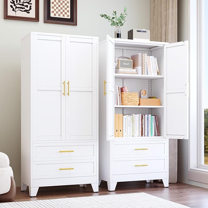 71" Tall Metal Pantry Cabinet, Steel Storage Cabinets with 2 Doors, 2 Adjustable Shelf and 2 Drawers, Used as Kitchen Cabinet, Freestanding Cupboard for Kitchen, Office, Living Room (White)