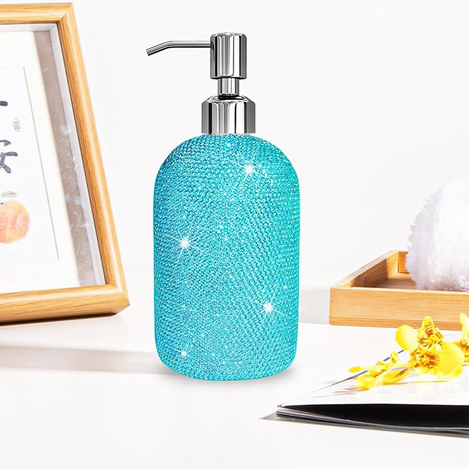 SlowVibes 18Oz Bling Blue Soap Dispenser with Rust Proof Stainless Steel Pump,Refillable Liquid Hand Wash Bottle for Bathroom Kitchen,Sparkle Decorative Shower Dispenser,Rhinestone Lotion Dispenser