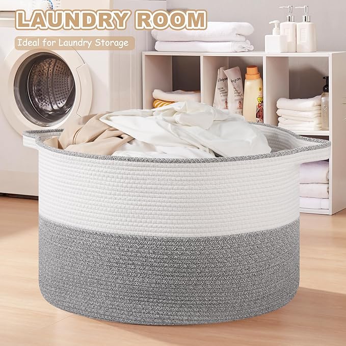 XXL Large Blanket Basket with Handles, 105L Woven Storage Basket for Living Room, Cotton Rope Baby Toy Storage for Clothes, Pillows, Towels-Grey & White
