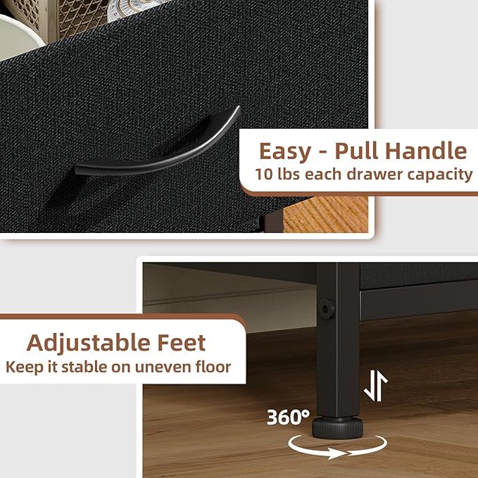 Somdot Nightstand Set of 2 with 2 Storage Drawers, Small Bedside Table End Table, Wooden Top Fabric Cabinet for Bedroom, Kids Closet, College Dorm, Entryway, Black