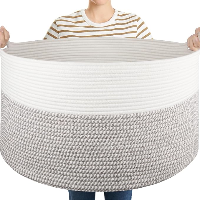 Large Blanket Storage Basket for Living Room, 22.8" x 22.8" x 13" Woven Cotton Rope Basket with Handles, Baby Toy Storage, Laundry Hamper for Clothes, Pillows, Towels-Grey and White
