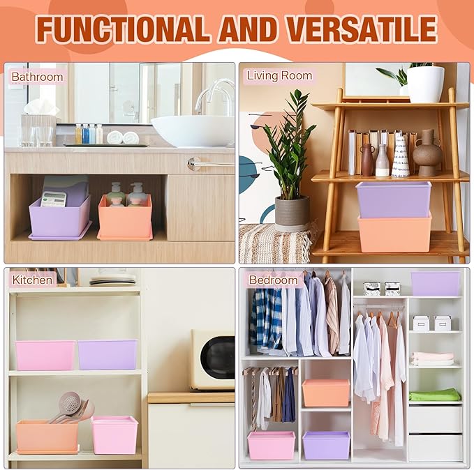 Menkxi 6 Pcs Storage Bins with Lids Small Plastic Storage Containers Stackable Storing Baskets Box Cute Organizer Bins for Organizing Shelves (Pink,Purple,Orange)