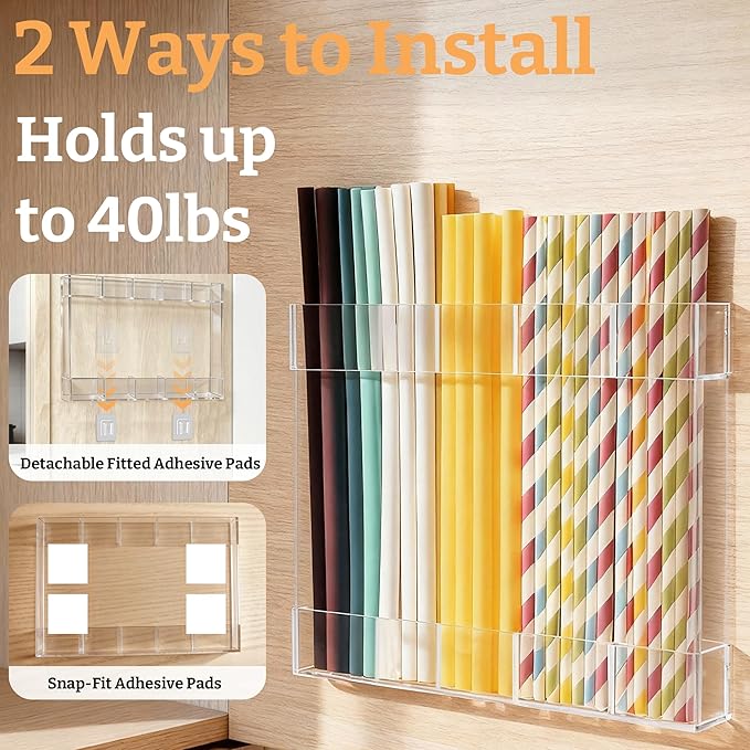 9.5” Large Acrylic Straw Holder for Cabinet Door with Detachable Ultra Sticky Adhesive Squares and Stickers, 2026 Reusable Straws Organizer Storage Dispenser for Kitchen Counter Cupboard