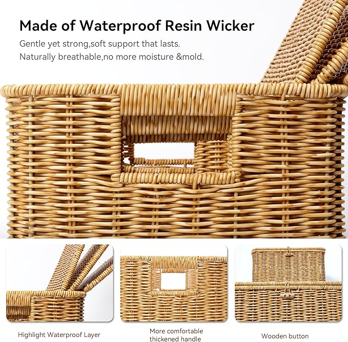 Nonam Wicket Basket with Lid, Large Shelf Baskets for Boho Deco, Plastic Storage Organizer Bins-Stackable Containers Boxes for Home & Office Shelves, Kitchen, Garage and Bathroom Organization, Natural