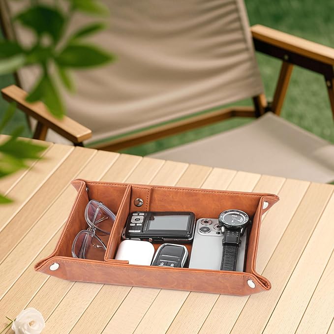 Deluxe Leather Tray Desktop Storage Organizer Watch Remote Control Jewelry Cell Phone Wallet Keychain Desktop Storage for Home, Camping Unique Gift Ideas for Men and Friends