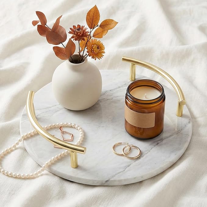 TOPZEA 10 Inch Marble Tray with Gold Handles, Round Vanity Organizer for Perfume, Jewelry, Trinket, Spa Supplies, Bathroom Countertop, Dresser Nightstand Display Tray Decor