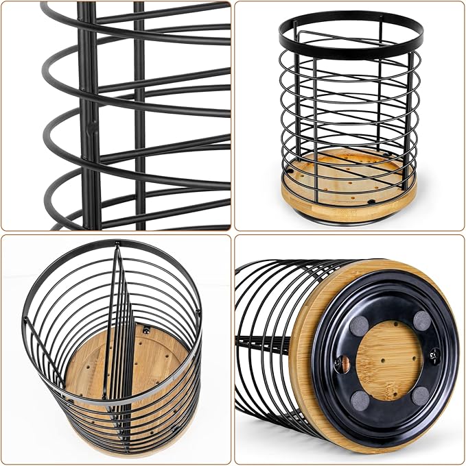 Utensil Holder for Kitchen Counter - 7.2" Large Rotating Utensil Crock, Wooden + Metal Base, Countertop Cooking Tool Spatula Organizer