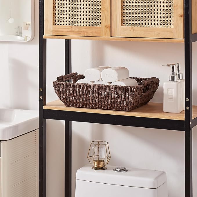 OIAHOMY Storage Baskets, Small Paper Rope Wicker Organizers with Wooden Handles, Baskets for Organizing, 2-Pack, Brown