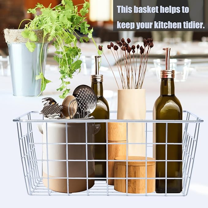 Sturdy Small Wire Storage Basket for Kitchen Food, Pantry Papers, Home Office Desk and Shelf, Bathroom Laundry Room, Bedroom, Silver, 3 PCS