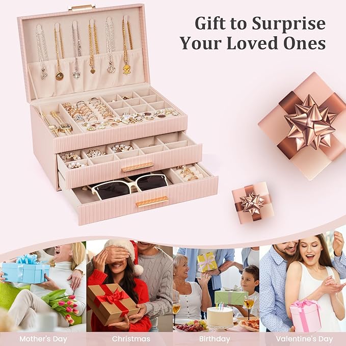 Dajasan Jewelry Box for Girls, Jewelry Organizers and Storage, Large Jewelry Organizer Box with 2 Drawers, Gift Idea for Christmas, Valentine's Day, Birthday, Mother's Day (Pink)