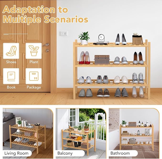 Haddockway Large 3 Tier Bamboo Shoe Rack Storage Organizer, Multifunctional Free Standing Stackable Shoe Shelf with Grid Panel for Closet,Hallway,Entryway,Small Space 27"x12"x21"