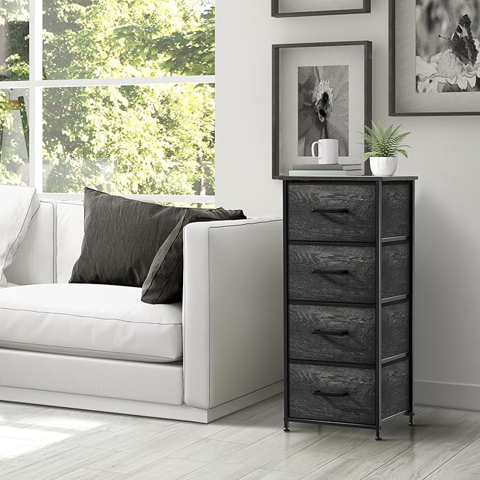 Sorbus Nightstand Dresser with 4 Faux Wood Drawers - Tall Bedside Table Chest with Storage, Steel Frame, Wood Top, Easy Pull Fabric Bins for Bedroom, Living Room, Closet & Dorm Furniture Lamp Stand