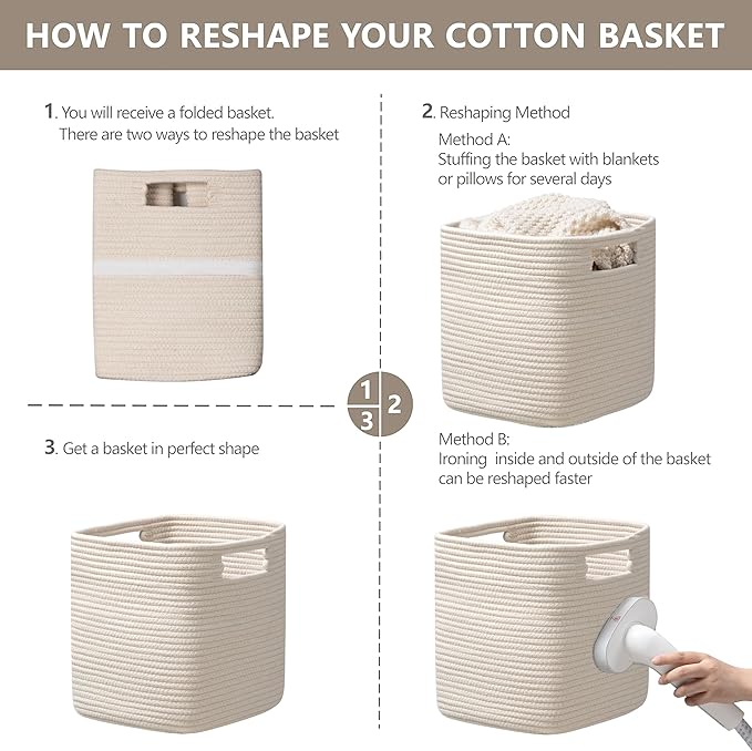 UBBCARE Set of 4 Storage Cubes-13 X 13 X 13 In, Cotton Rope Basket for Shelves, Toys, Book, Cube Storage Bin with Handles, Woven Storage Basket for Organizing, Beige