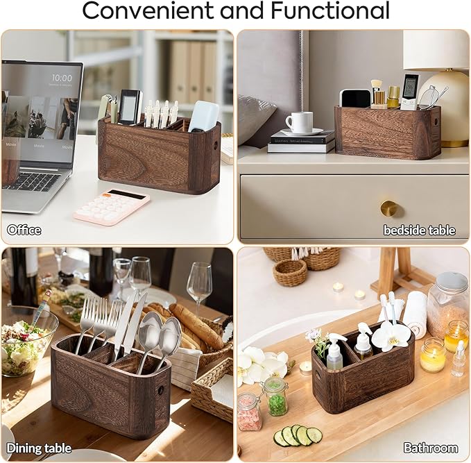 Wooden Silverware Holder for Countertop, Kitchen Utensil Caddy with 3 Compartments, Cutlery Storage Organizer Countertop, Flatware Organizer for Party, Spoon, Fork Holder