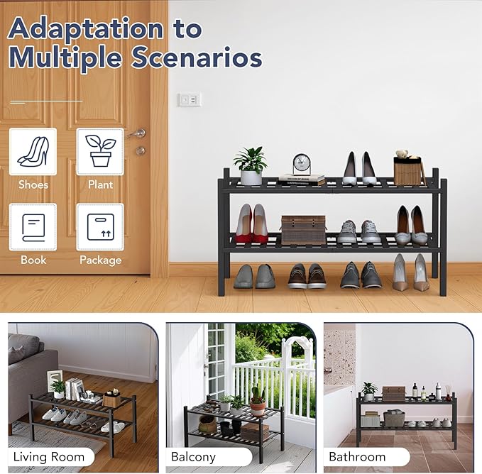 Haddockway Large 2 Tier Bamboo Shoe Rack Storage Organizer, Multifunctional Free Standing Stackable Shoe Shelf with Grid Panel for Closet,Hallway,Entryway,Small Space 27"x12"x14"