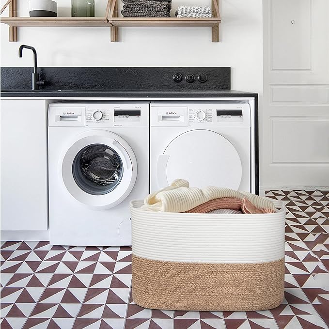 108L Super Large Blanket Basket, 25" x 16" x 16" Woven Jumbo Basket for Blankets, Toys, Laundry, Extra Large Cotton Rope Pillow Holder Organizer, Entryway Shoes Bin, Living Room Storage