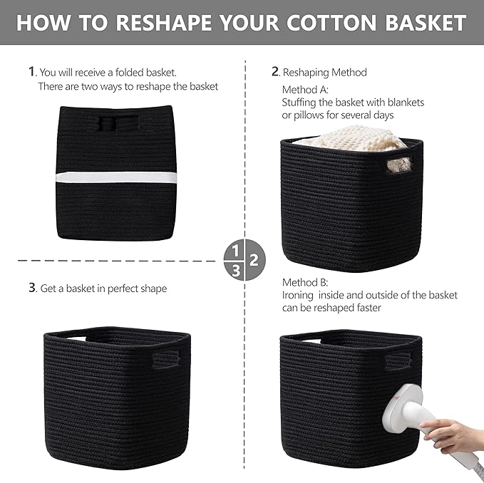 UBBCARE Set of 4 Storage Bins - 11 X 10.5 X 10.5 in, Cotton Rope Bins for Shelves, Toys, Books, Cube Storage with Handles, Woven Black Basket for Organizing