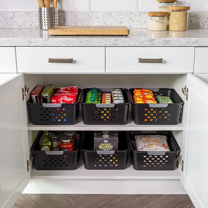 IRIS USA Plastic Storage Baskets, 6-Pack, Made in USA, Shelf Baskets Small Baskets Organizing Bins For Pantry Countertops Closet Shelves Laundry Room Office, Muti-Purpose, Nestable, Easy Carry, Black