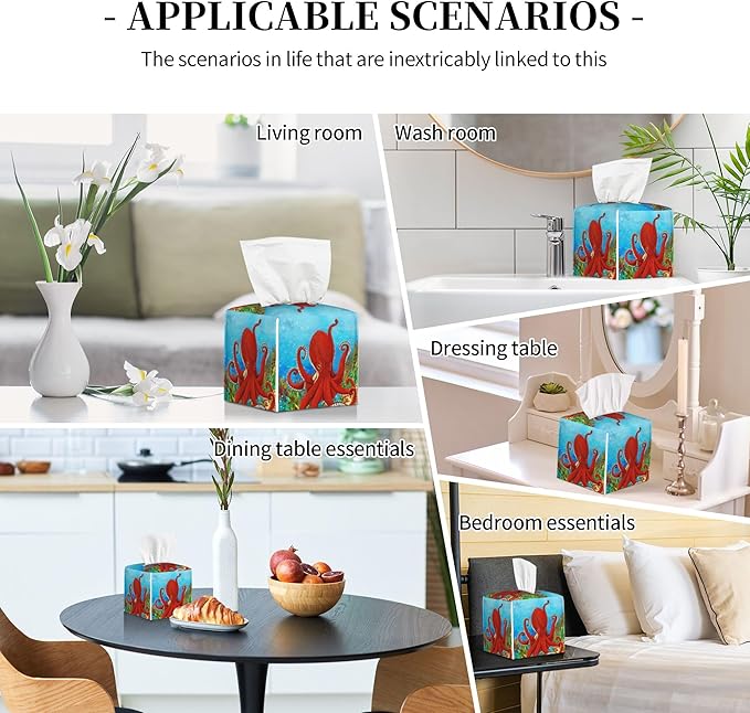 Tissue Box Holder Cartoon Octopus Tissue Box Cover Square Leather Tissue Holder Organizer Portable Decorative Facial Paper Case for Home Office Bathroom Vanity Countertop