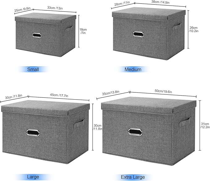 Large Linen Fabric Foldable Storage Bins with Removable Lid and Handles, Washable Storage Box Organizer Containers Baskets Cube with Cover for Bedroom,Office(Cream, Large)