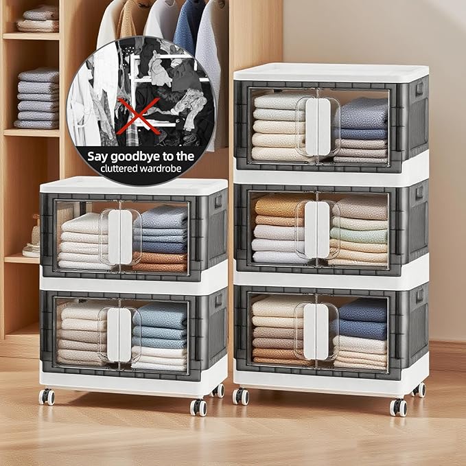Folding Storage Organizer with Silent casters | Stackable Design for Home & Office, Heavy-Duty Plastic Storage Bin with Clear Door, 3 Sizes (19.5/23.5/27.5in),Black/White (23.6" 5 layer, White)