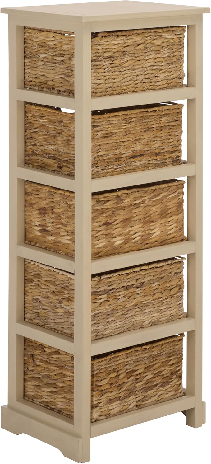 SAFAVIEH Home Collection â Vedette Sand 5-Basket Storage Tower, Natural Rattan Accent Design, Fully Assembled (AMH5739G)
