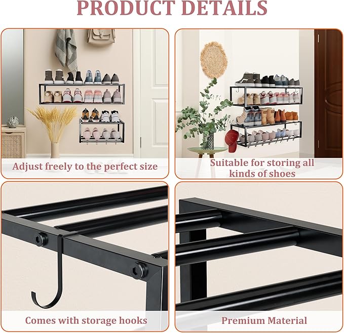 2 Pack Expandable Wall Mounted Shoe Rack, 17"-31" Adjustable Hanging Shoe Rack Holds 16 Pairs, Heavy Duty Metal Shoe Holder with 4 Storage Hooks, Space Saving for Entryway Closet Doorway(Black