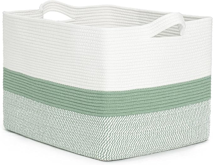 CLHMILY&Z Stylish Square Cotton Rope Storage Basket (Green & White, 85L)