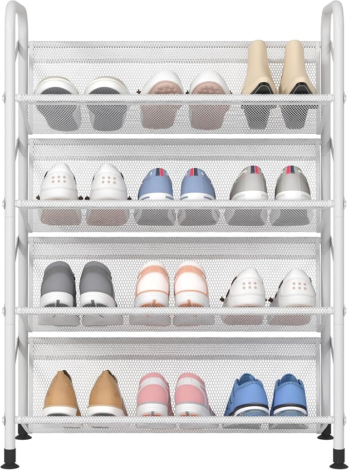 4 Tier Shoe Rack for Closet Mesh Fabric Metal Shoe Racks, Small Shoe Storage Organizer Shelf for Entryway, Hallway, Dorm Room (White, Wider 4 Tier)