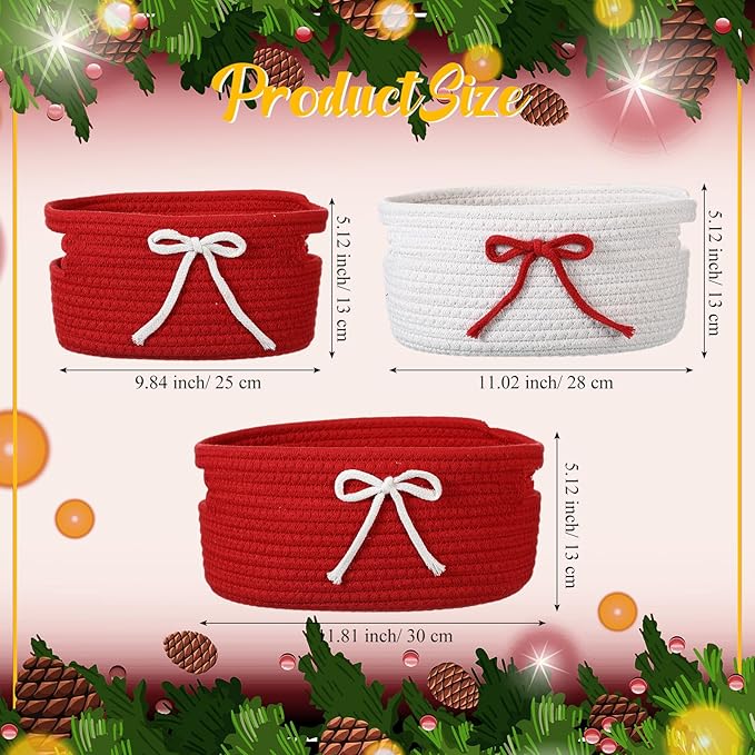 Breling 3 Pieces Valentine's Day Gift Basket Coquette Bow Laundry Hamper Cotton Rope Storage Woven Rope Bin with Handles for Decoration Organization Storage for Nursery, Pet Toy Basket(Red, White)
