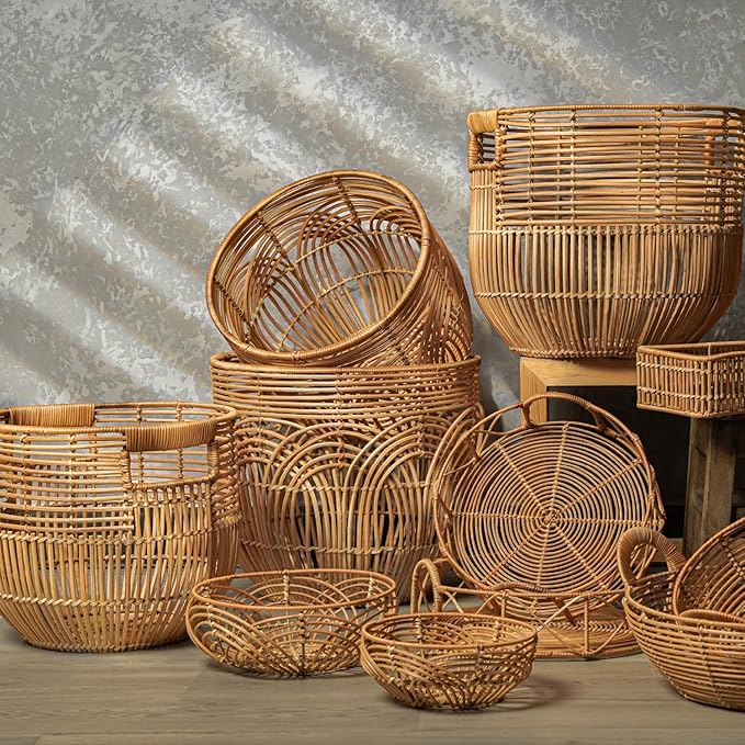 Set Of 2 Large Woven Blanket Baskets With Handles | Round Wicker Rattan Storage Floor Baskets for Shoe In Living Room | Extra Big Boho Rattan Laundry For Pillow, Blanket