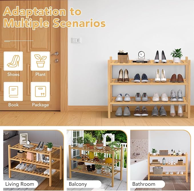 Haddockway 3 Tier Bamboo Shoe Rack Storage Organizer, Multifunctional Free Standing Stackable Shoe Shelf with Grid Panel for Closet,Hallway,Entryway,Small Space 27"x11"x20"