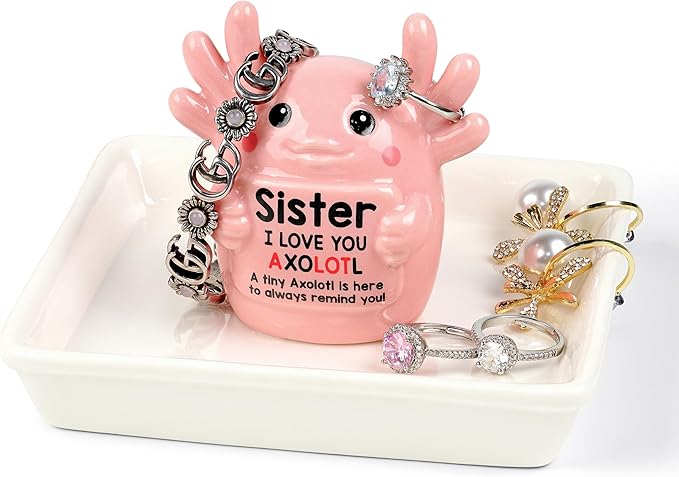 Sister Birthday Gifts for Sister, Axolotl Ring Holder Dish Jewelry Holder for Rings Bracelets Earrings Pink Room Decor Athestic Organiser, Mother's Day Birthday Wedding Valentine's Gifts for Women