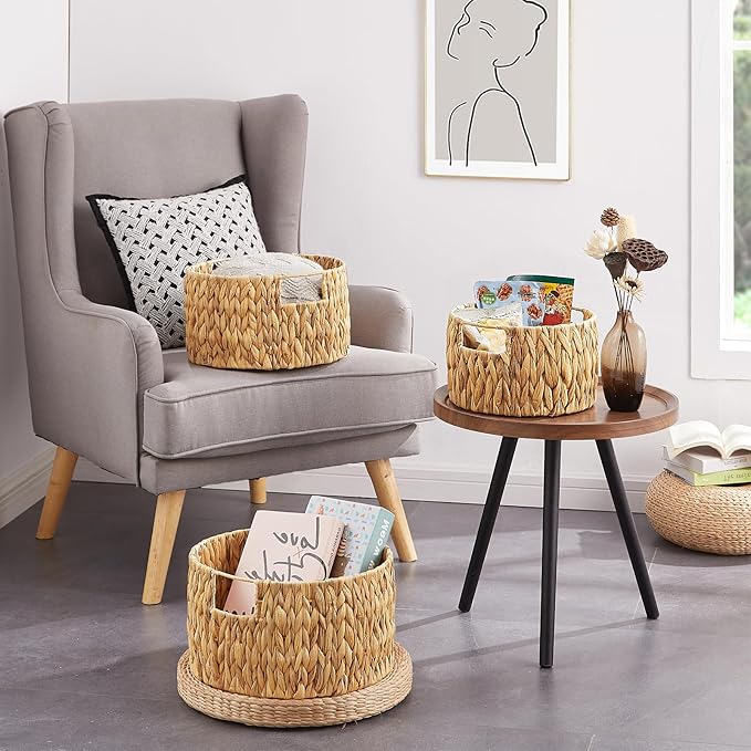 Vagusicc Wicker Storage Basket, Hand-Woven Water Hyacinth Large Round Woven Basket With Handles, Wicker Baskets for Organizing/Storage, 3-Pack