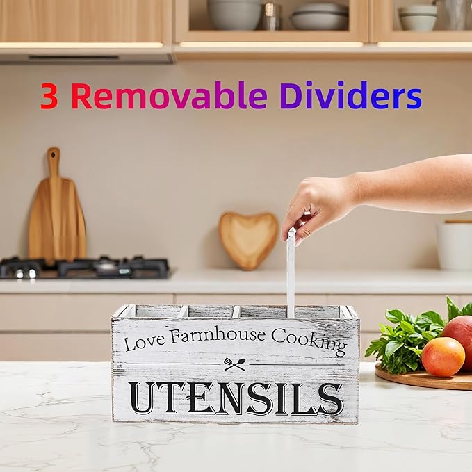Utensil Holder,Kitchen Utensil Holder For Kitchen Counter,Extra Large Cooking Spatula Organizer,Farmhouse Wooden Big Storage With 4 Compartments Rustic Flatware Spoon Tool Organizer (Retro White)