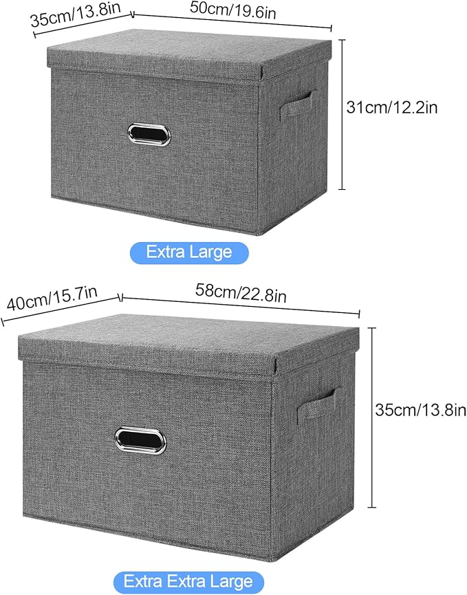 Large Linen Fabric Foldable Storage Bins with Removable Lid and Handles, Washable Storage Box Organizer Containers Baskets Cube with Cover for Bedroom,Office(Coffee, XXL(2-Pack))