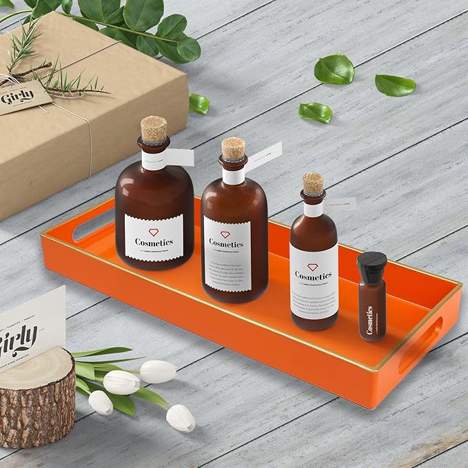 Orange Bathroom Vanity Tray for Countertop, Small Plastic Toilet Tank Versatile Storage & Organization Tray for Makeup, Perfume, Desk, Kitchen, Candles, 13.7"x6"x1.4", 35O