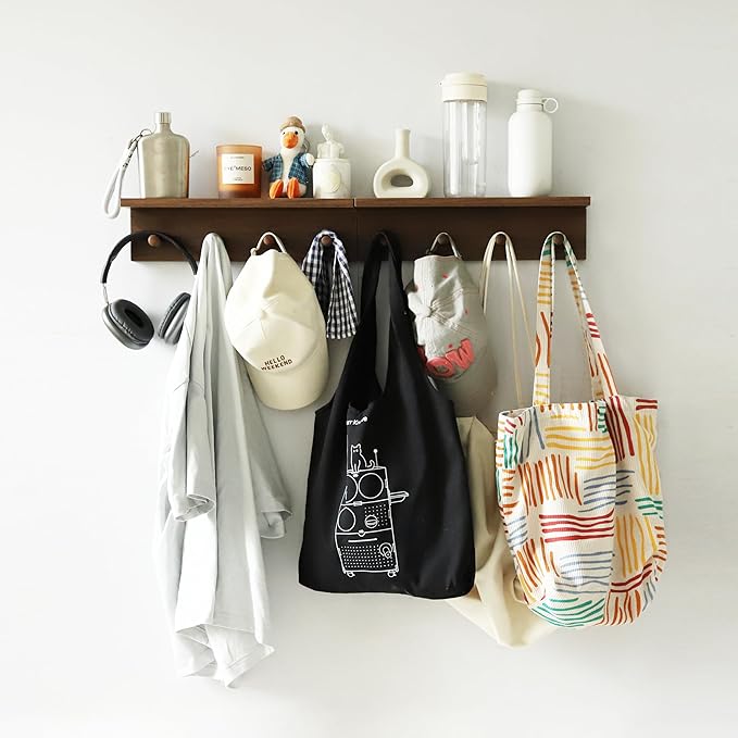 Entryway Coat Rack Hooks with Shelf, Sturdy Wooden Floating WallOrganizer Shelf with 4 Hooks siutable for Entrance, Mudroom, Kitchen, Bathroom,.etc(Walnut Finish)